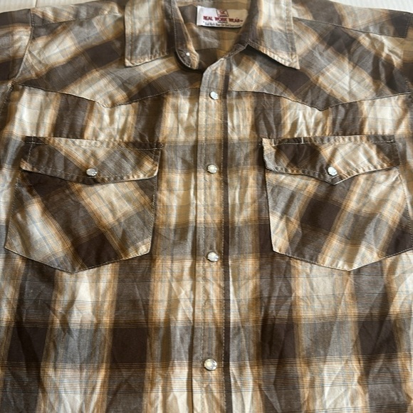 Real Work Wear Plaid Brown light brown blue Men's Shirt pearl snap buttons sz L - Picture 5 of 9